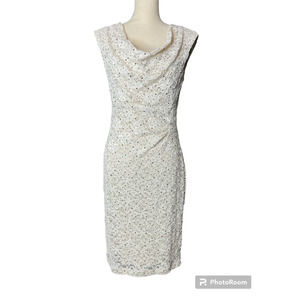 Connected Apparel Dress Size 8 in Cream Overlay Lace with Gold Sequins